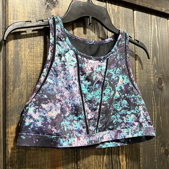 Fabletics Milda‎ Sports Bra L Hole-y Moley Blue Black High Neck Mesh Stretch Gym - Picture 2 of 6